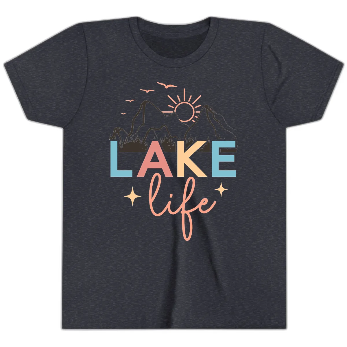 Mountain Lake Life Typography Youth T-Shirt in Heather Navy